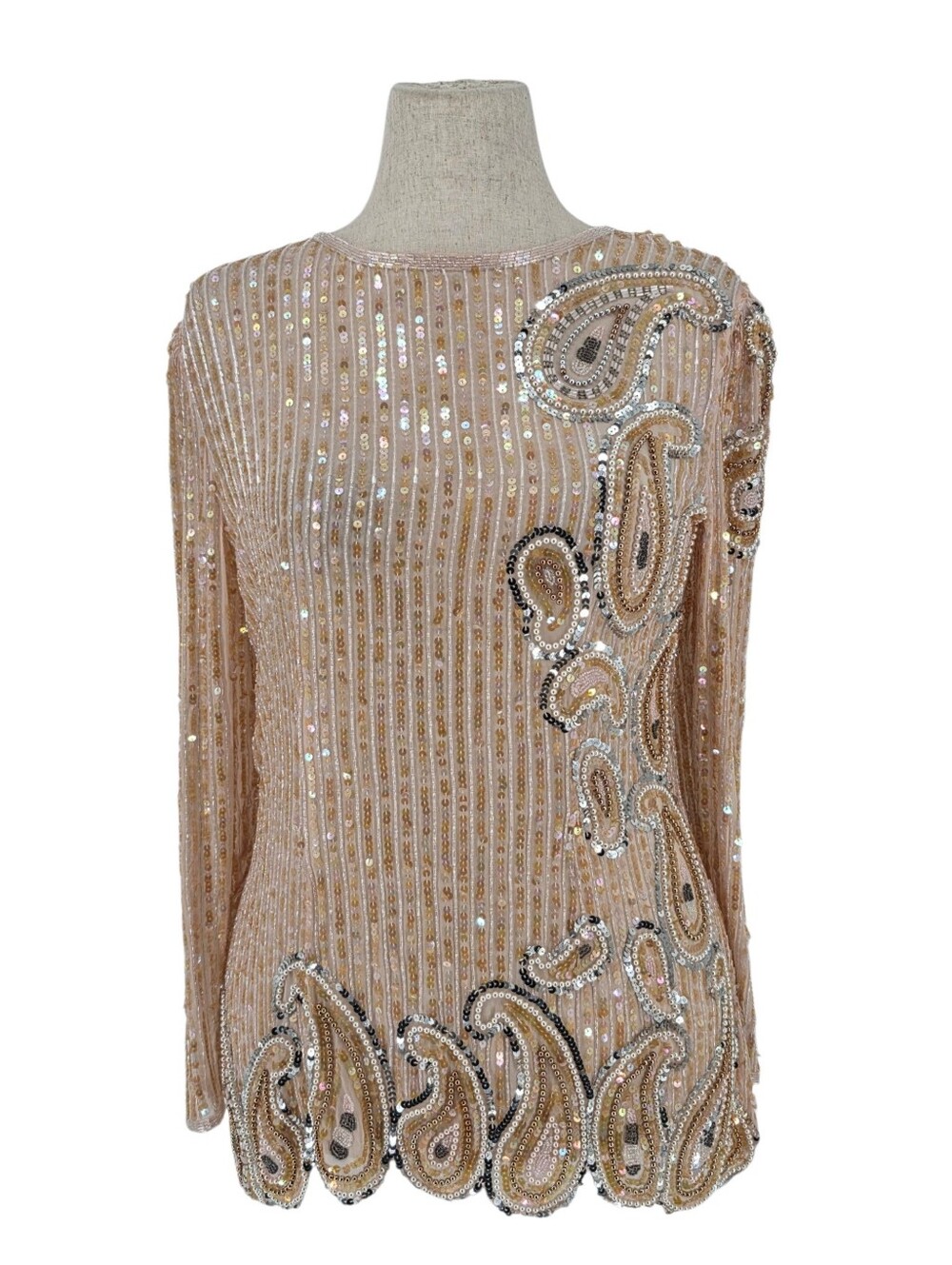 Vintage AJ Bari Silk Beaded Sequin Paisley Top Size 12 Blush Gold